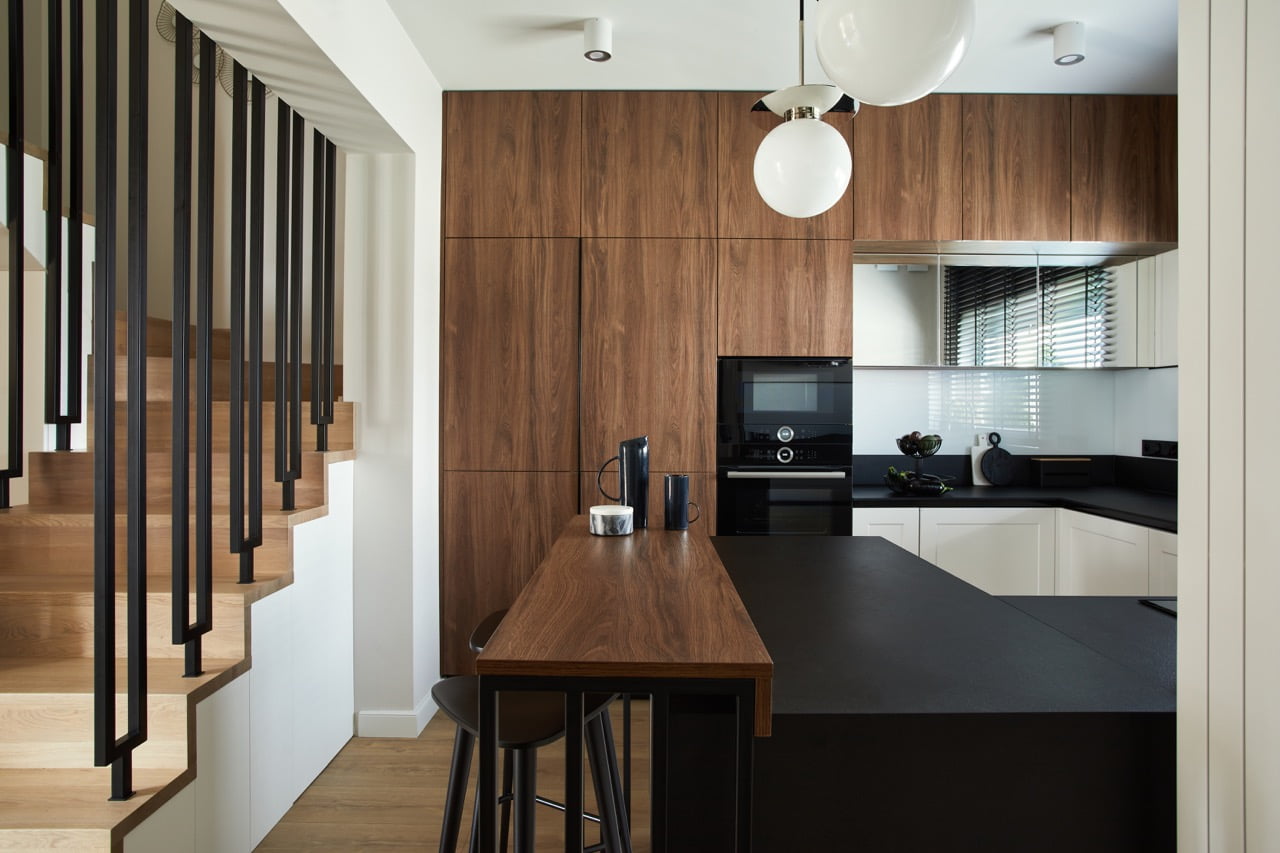 Stylish brown panel kitchen interior with biuld-in kitchen and kitchen island and personal accessories. Geometric forms and shapes. Template.